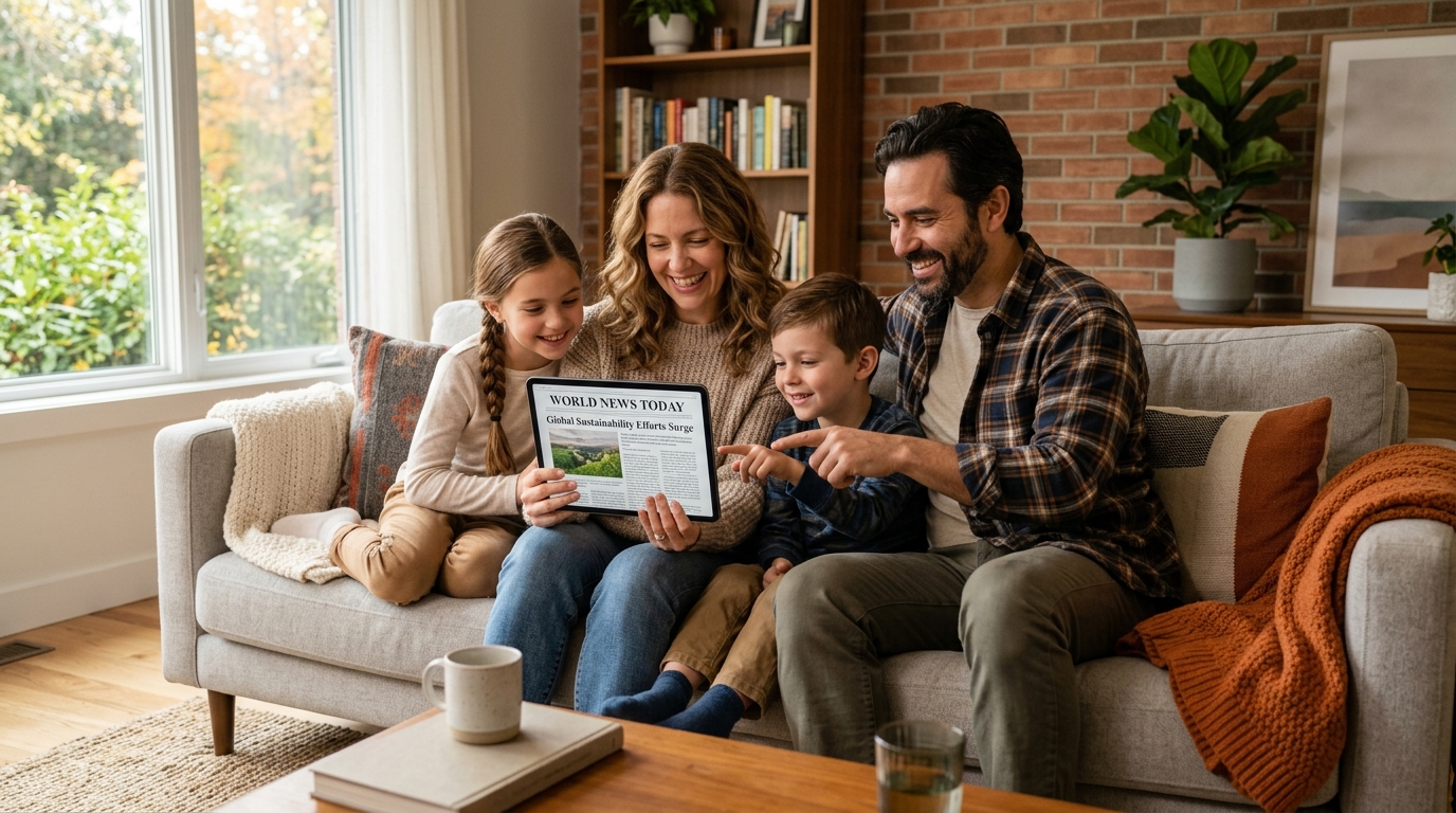 Família acompanhando o guia informativo no tablet